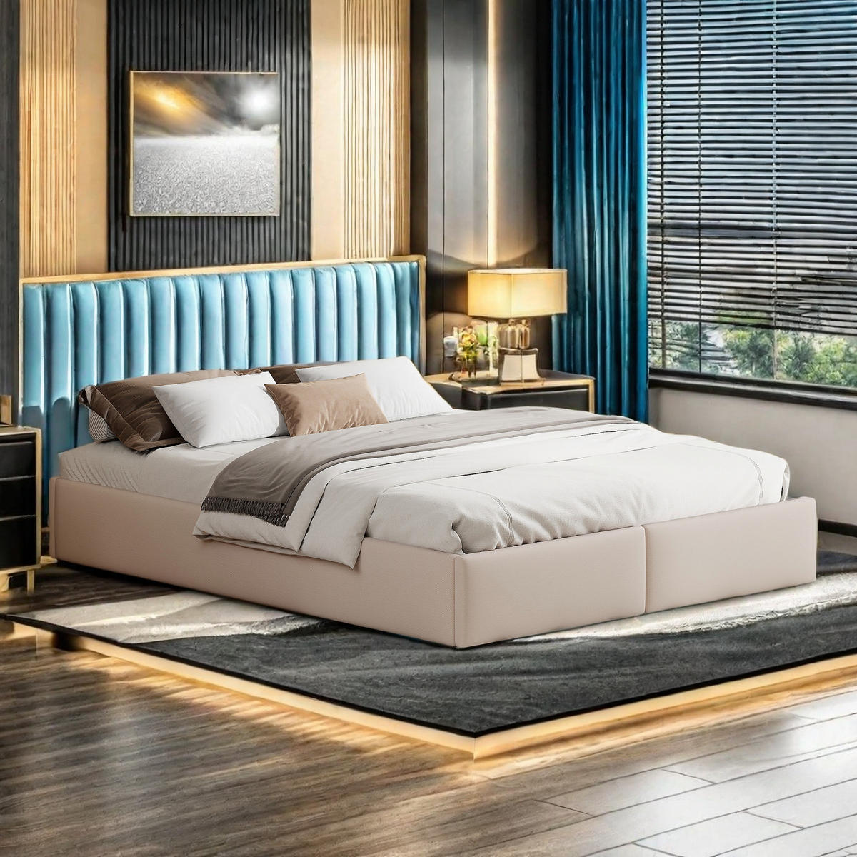 PLATTFORMBETT 140x200 Beige 2 Schubladen stabil - Beige, Metall (140/200cm) - SHOPENTRA
