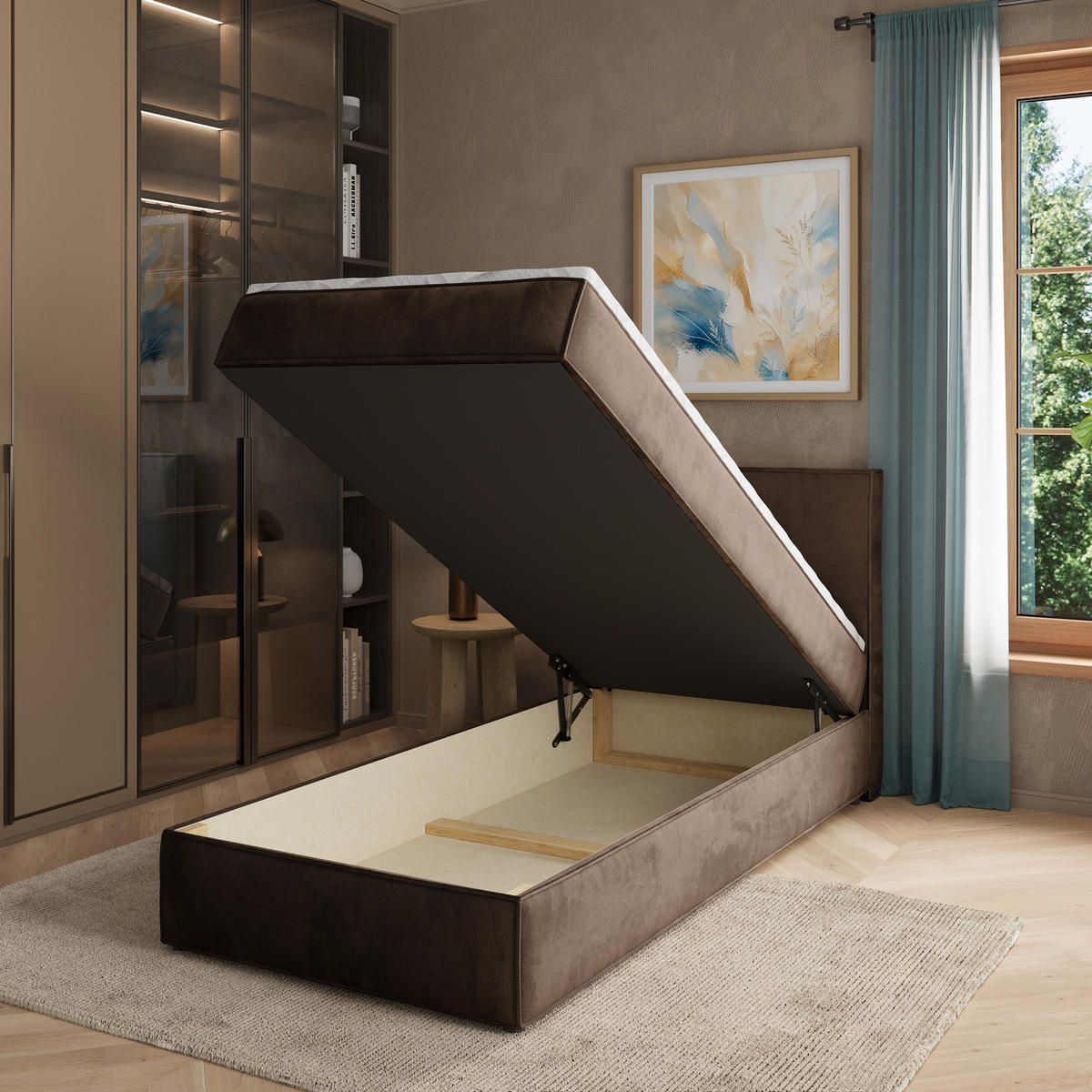 BOXBETT PELLIO 90x200 cm mit Matratze und Topper - Braun - Braun, Holz (90/200cm) - MASSENO