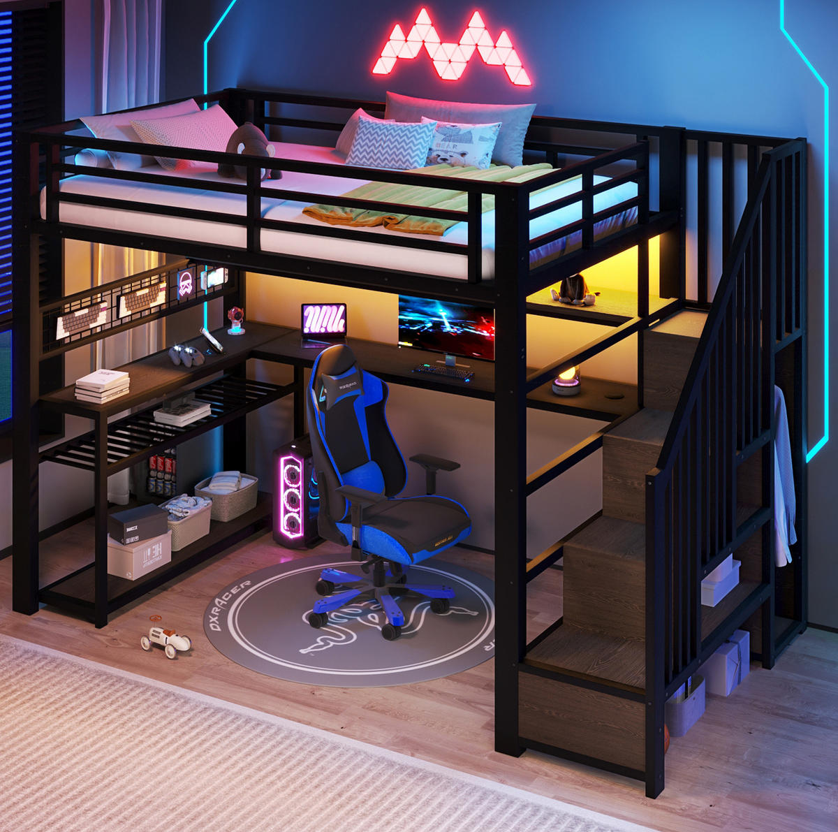 HOCHBETT 90/200 cm Schwarz mit LED, Schreibtisch und Stauraum - Schwarz, Metall (90/200cm) - MIVRAY