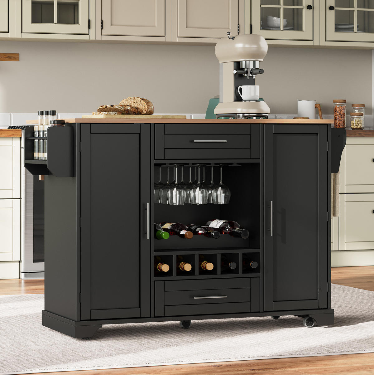 KÜCHENWAGEN mit ausklappbarer Arbeitsplatte 138 x 45/70 x 92 cm Schwarz/Natur - Schwarz, Holz (70/92/138cm) - Beauniv