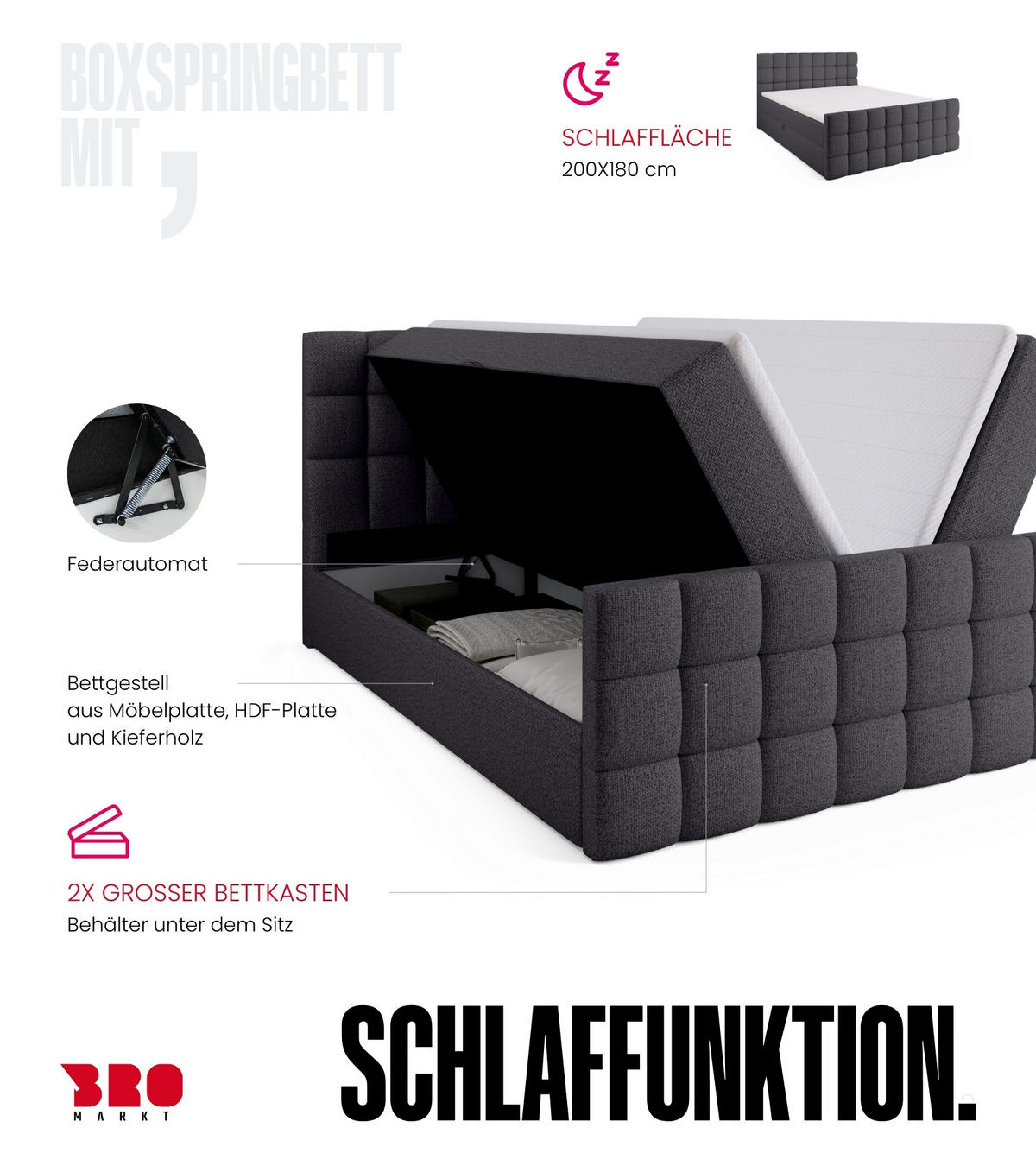 BOXBETT Dakota Duo mit Topper 180/200 Dunkelgrau - Dunkelgrau, Holz/Textil (180/200cm) - Bromarkt