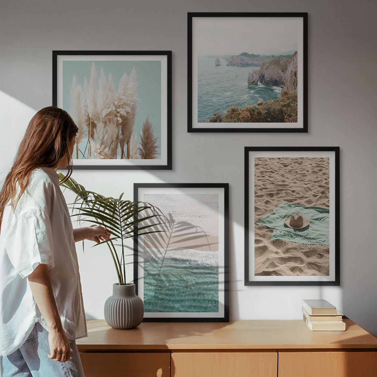 BILDER SET 4er Set - 50x50 cm & 40x60 cm Schwarzer Rahmen - Strandwellen Grashut - Schwarz, Kunststoff (50/50cm) - TULUP