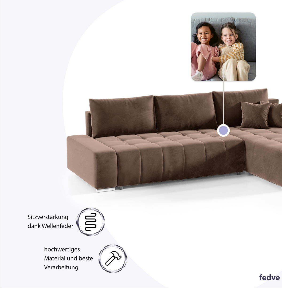 ECKSOFA mit Schlaffunktion Dhaka L, Braun - Dunkelbraun, Textil (185/265cm) - Fedve