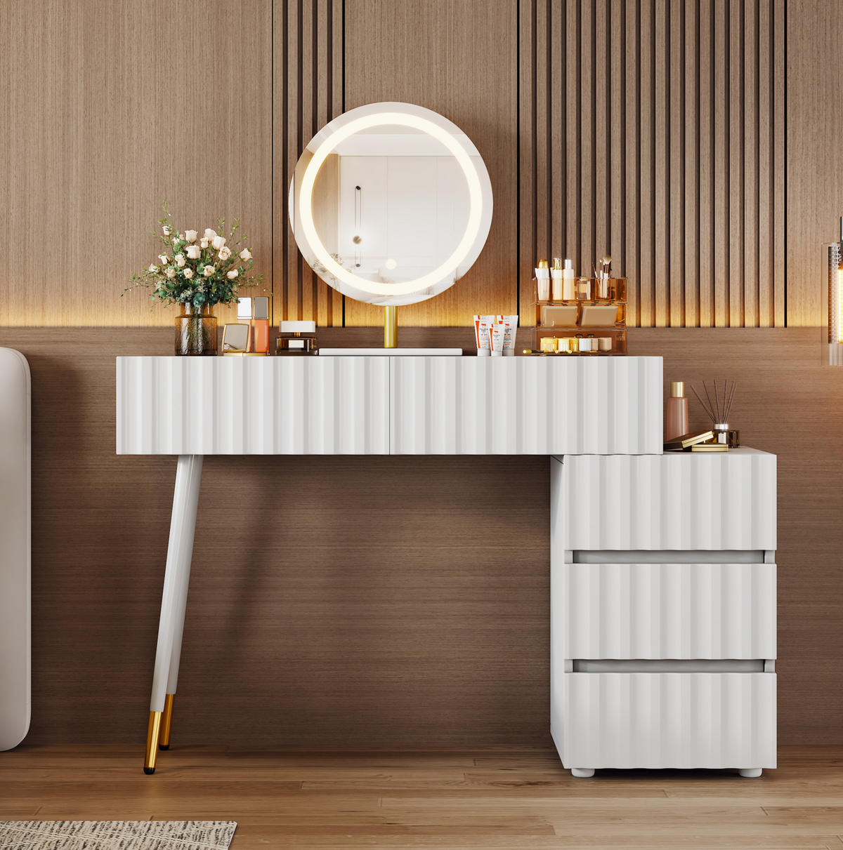 SCHMINKTISCH 100/40/127 cm mit LED-Spiegel, 5 Schubladen und flexiblem Seitenschrank, Weiß - Weiß, Holzwerkstoff (100/127/40cm) - Redom