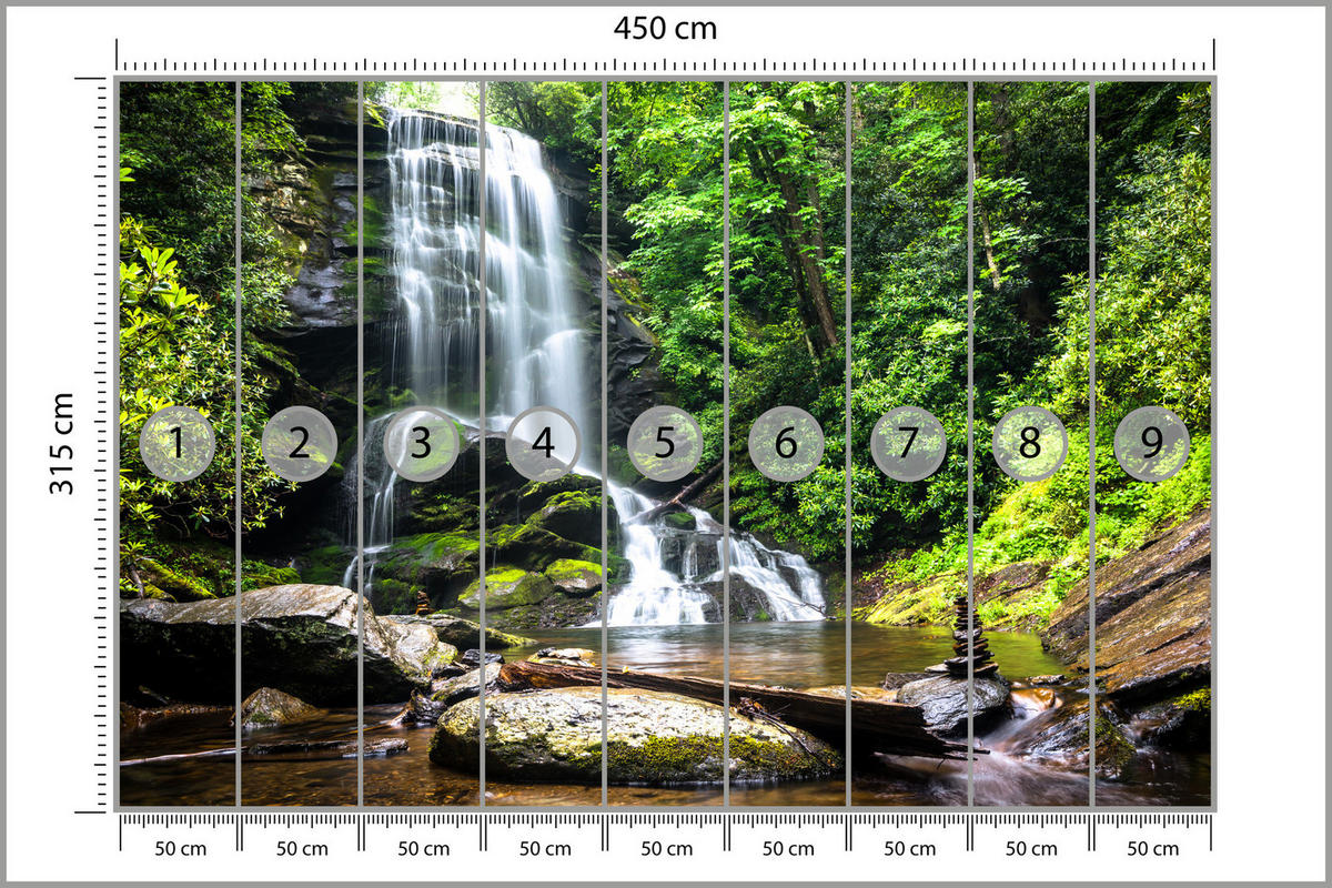 FOTOTAPETE Wasserfall im Dschungel Bäume Felsen 3D 450x315 - Braun/Weiß, Papier (450/315cm) - Muralo