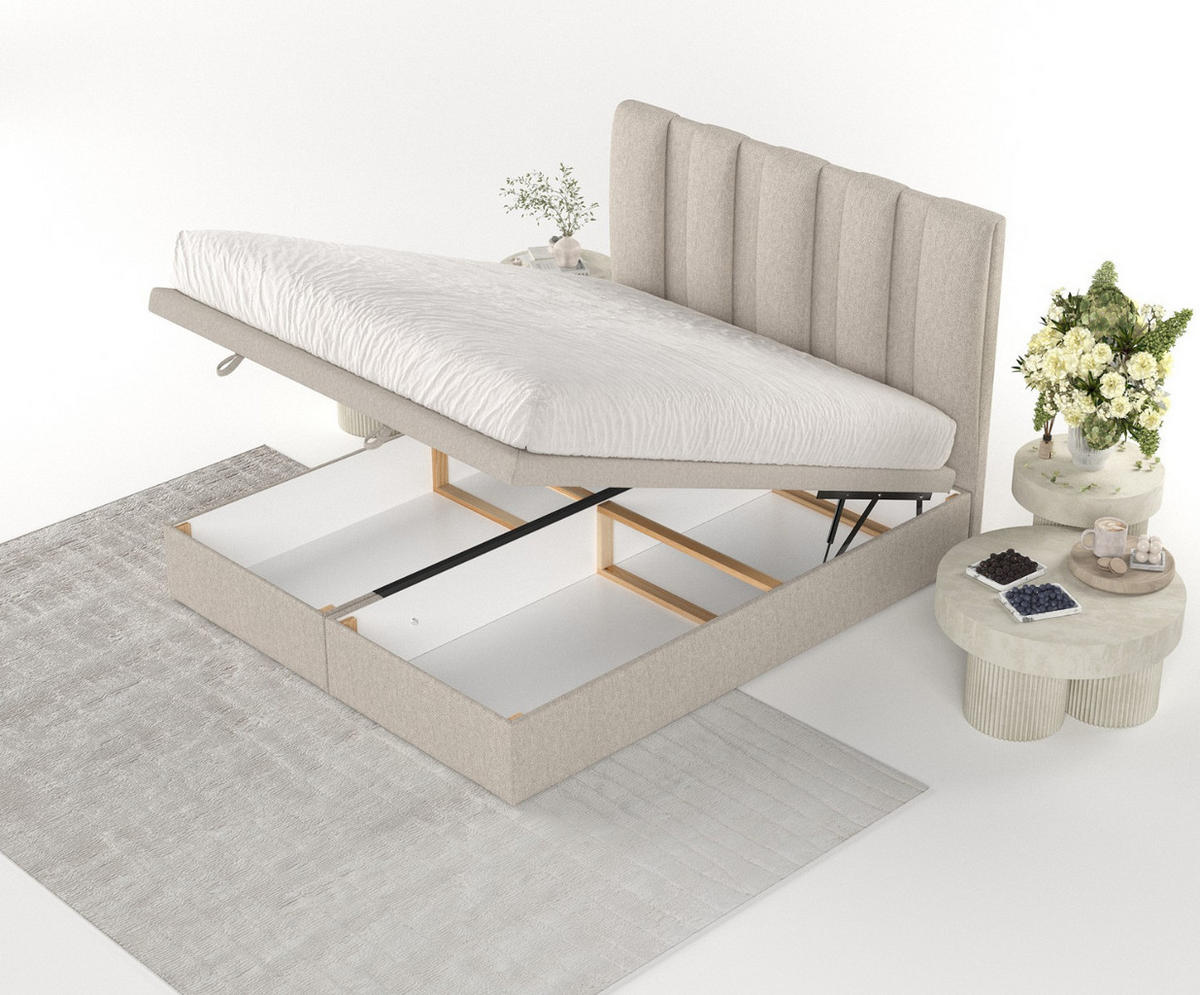 POLSTERBETT Orta mit Stauraum 200/200 cm Hellbeige im Megan Stoff - Sandfarben/Schwarz, Holz/Holzwerkstoff (200/200cm) - AltaBeds