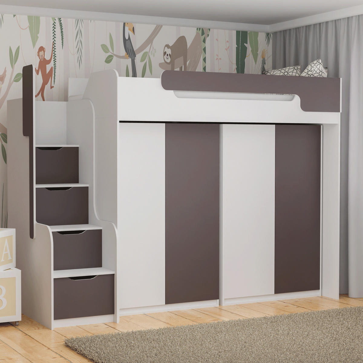 ETAGENBETT ARTHUR 90/200 in Weiß/Grau mit Kleiderschrank - Weiß/Grau, Holzwerkstoff (90/200cm) - Deine Möbel 24