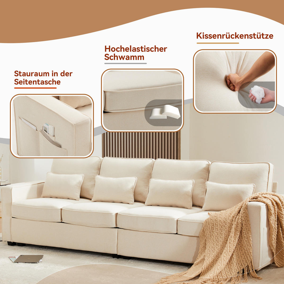 4-SITZER Sofa Leinenstoff mit Armlehnentaschen und 4 Kissen 264/83/87 cm Beige - Beige, Textil (87/264/83cm) - Redom