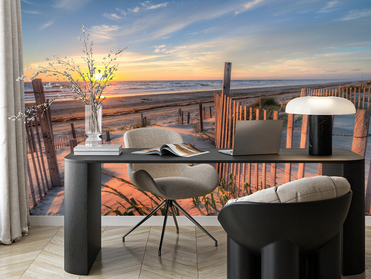 FOTOTAPETE für Wohnzimmer Sonnenaufgang Strand Meer Wellen Dünen 450x315 - Blau/Gelb, Papier (450/315cm) - Muralo