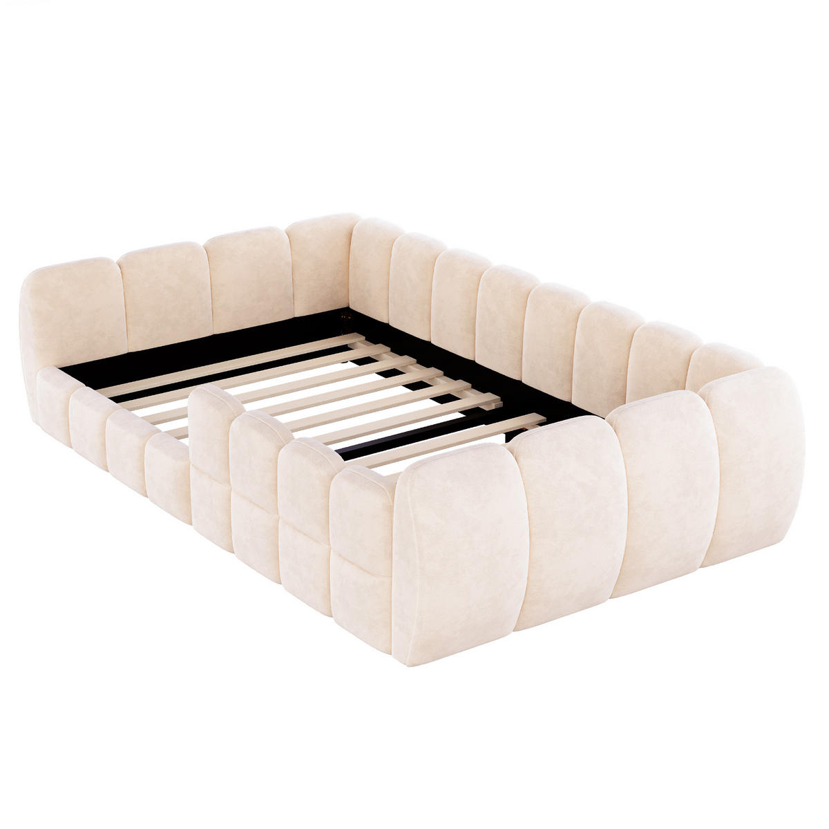 POLSTERBETT 90/200 cm in Beige Samt mit abgerundeten Ecken - Beige, Holzwerkstoff/Textil (90/200cm) - WISHDOR