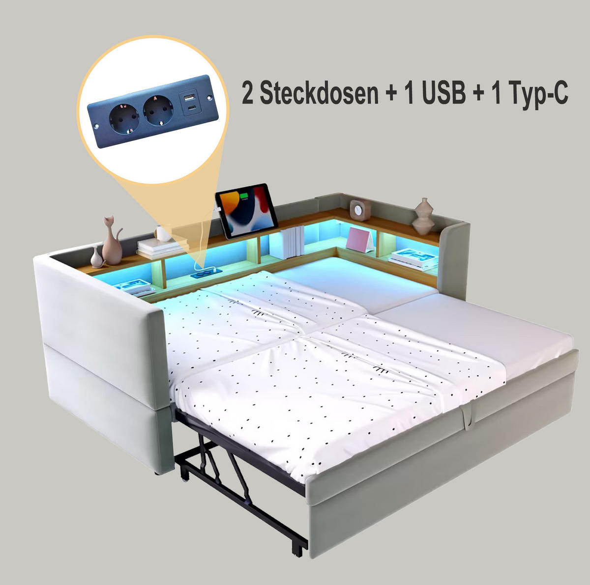 SCHLAFSOFA 90/190 cm ausziehbar mit LED-Beleuchtung, Steckdosen und Ablagefächern, Hellgrau - Hellgrau, Textil (199/80/211cm) - Redom