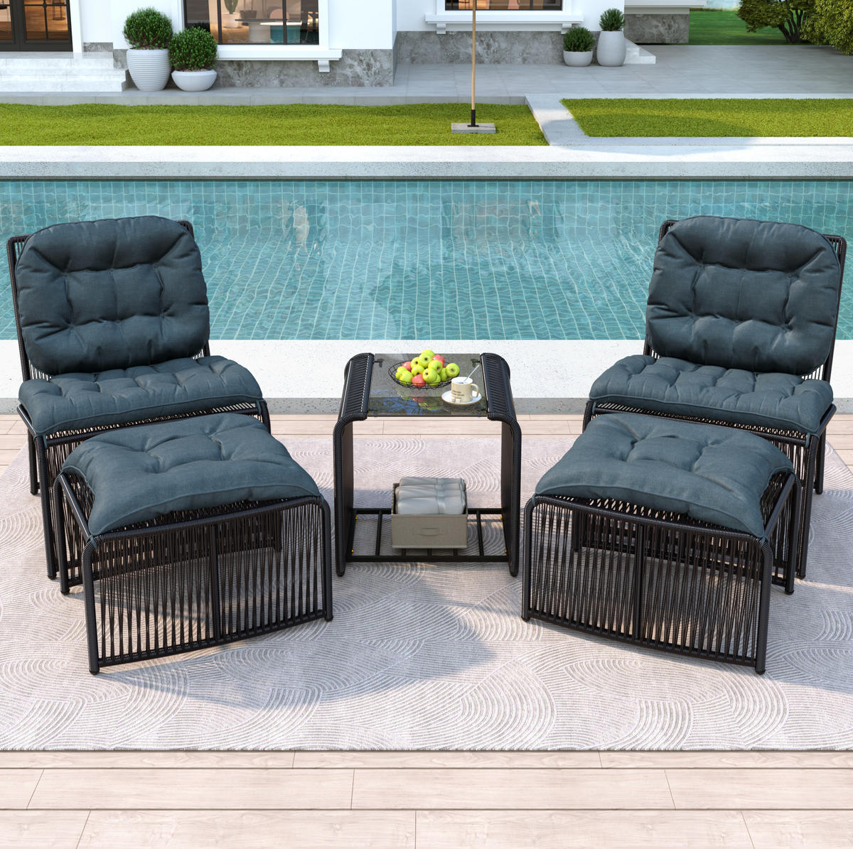 GARTENMÖBEL-SET mit Tisch 51/51/50,5 cm und 2 Stühlen, mit Kissen und Glasplatte, Schwarz/Grau - Schwarz, Metall - Redom