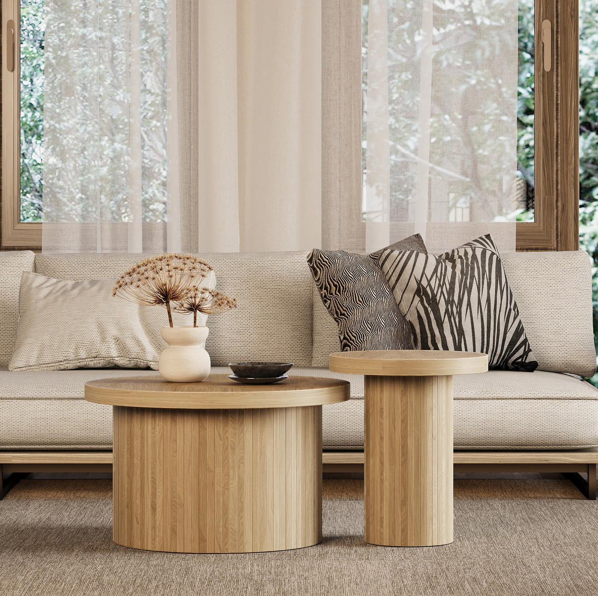 COUCHTISCH aus MDF Ø66x40/Ø40x46 cm in Natur mit 2 Tischen - Naturfarben, Holzwerkstoff (66/66/40cm) - Modfu