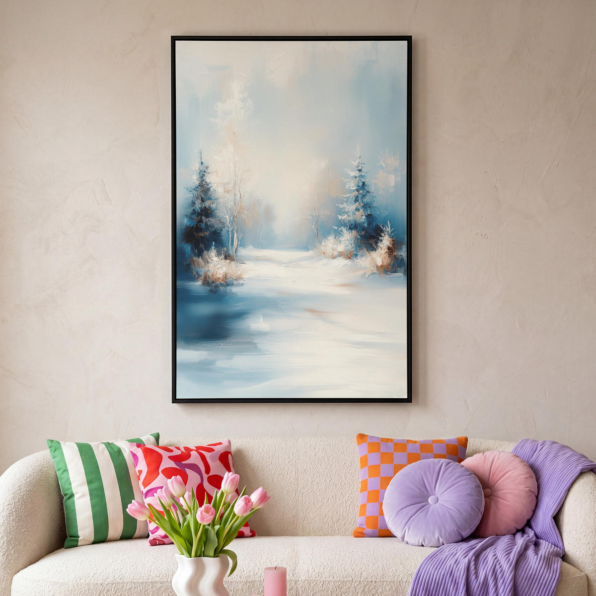 LEINWAND Bilder mit Rahmen - Wald – Winter – Natur – Abstrakt – Schnee - 80x120 - Weiß, Textil (80/120cm) - MuchoWow