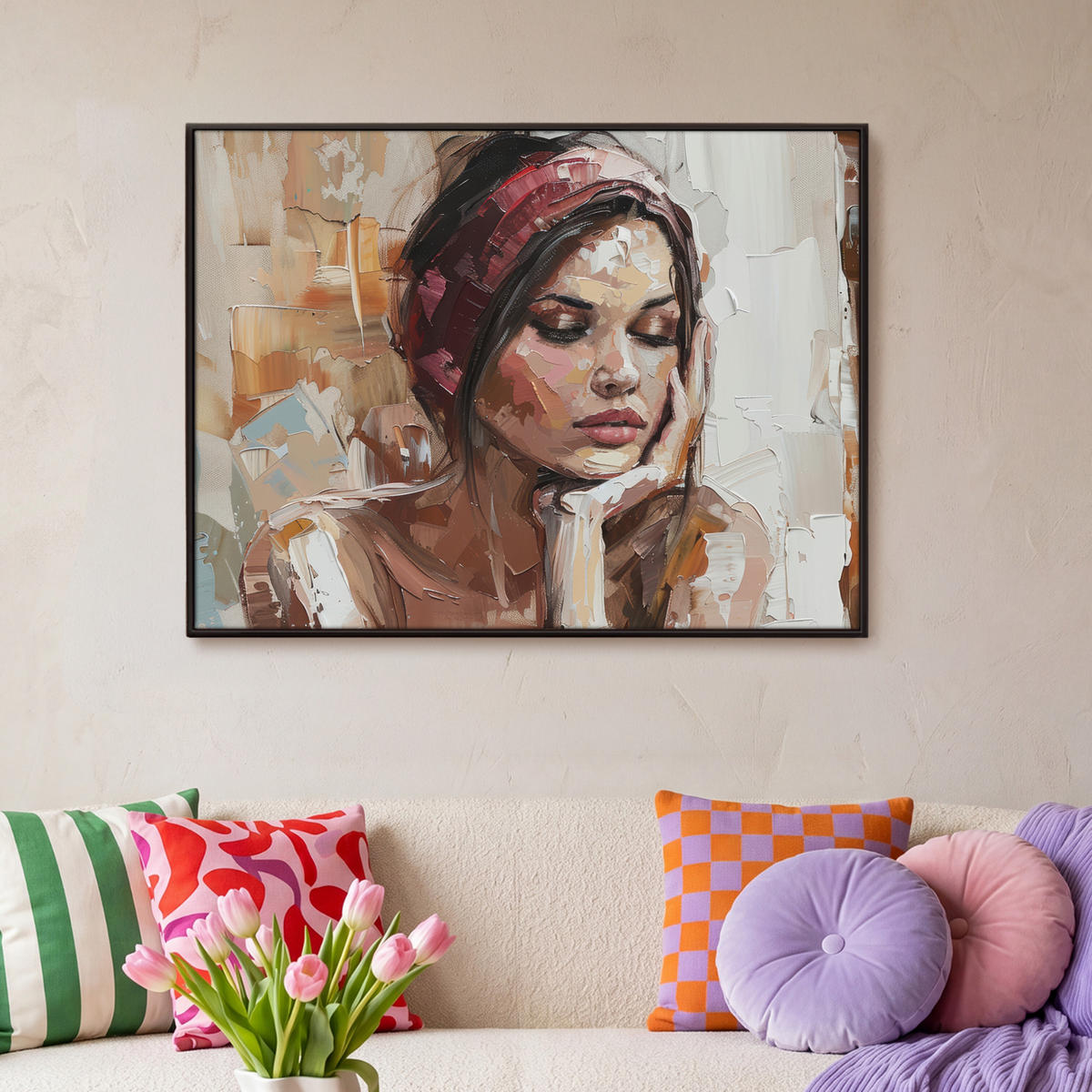 LEINWAND Bilder mit Rahmen - Frau - Lackierung - Porträt - Modern - 100x70 - Altrosa, Textil (100/70cm) - MuchoWow
