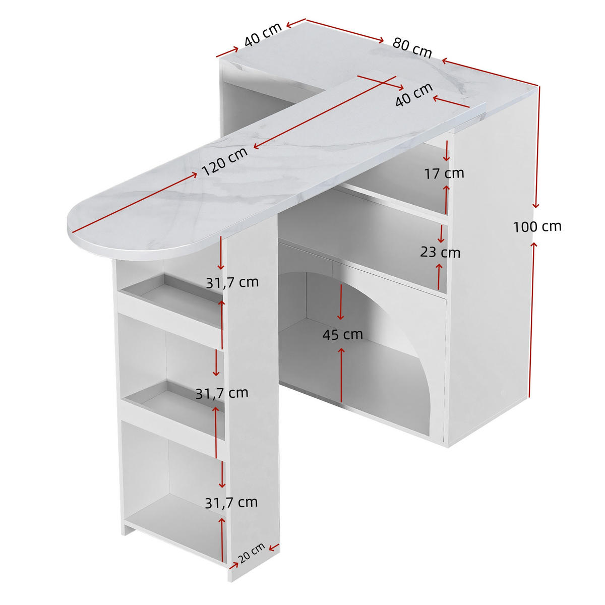 BARTISCH 120/40/100 cm weiß in Marmoroptik mit Haustierbereich - Weiß, Holzwerkstoff (120/40/100cm) - OKWISH