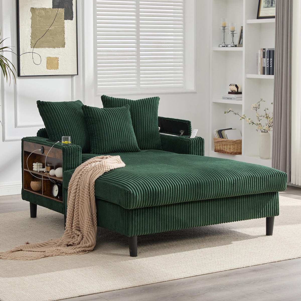 CHAISELONGUE 170/129/70 cm aus Cord mit LED-Beleuchtung, USB-Anschluss, Stauraum und 2 Becherhaltern, Smaragdgrün - Smaragdgrün, Textil (170/70/129cm) - Redom