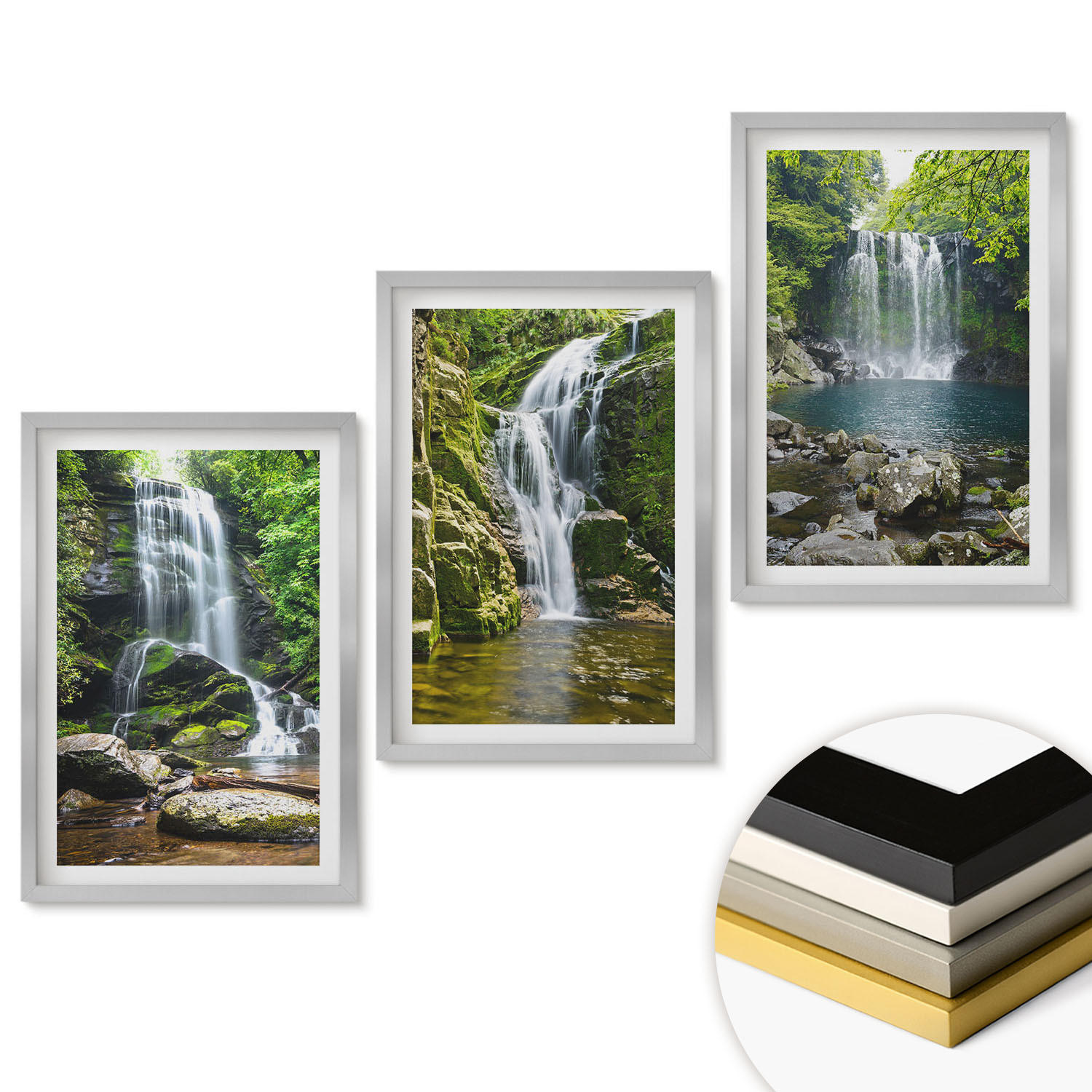 WANDBILDER 3er Set - 40x60 cm Silberner Rahmen - Wasserfälle, grüne Umgebung - Silberfarben, Kunststoff (40/60cm) - ArtPrintCave