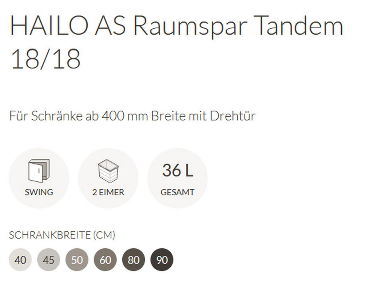 MÜLLEIMER Hailo Tandem Küche Einbau 40-90 cm Schrank 2x 18 L Mültrennung - Schwarz, Kunststoff (34.6/32/47cm) - Hailo
