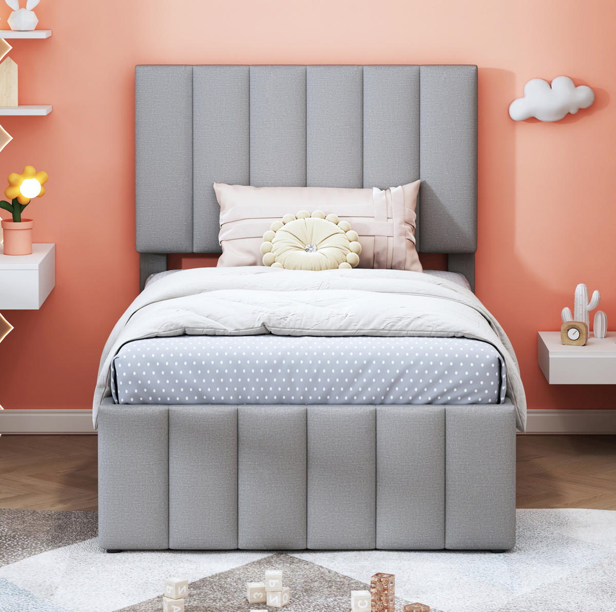 POLSTERBETT 90/200 cm grau mit Rollbett und Stauraumschubladen - Grau, Textil (90/200cm) - OKWISH