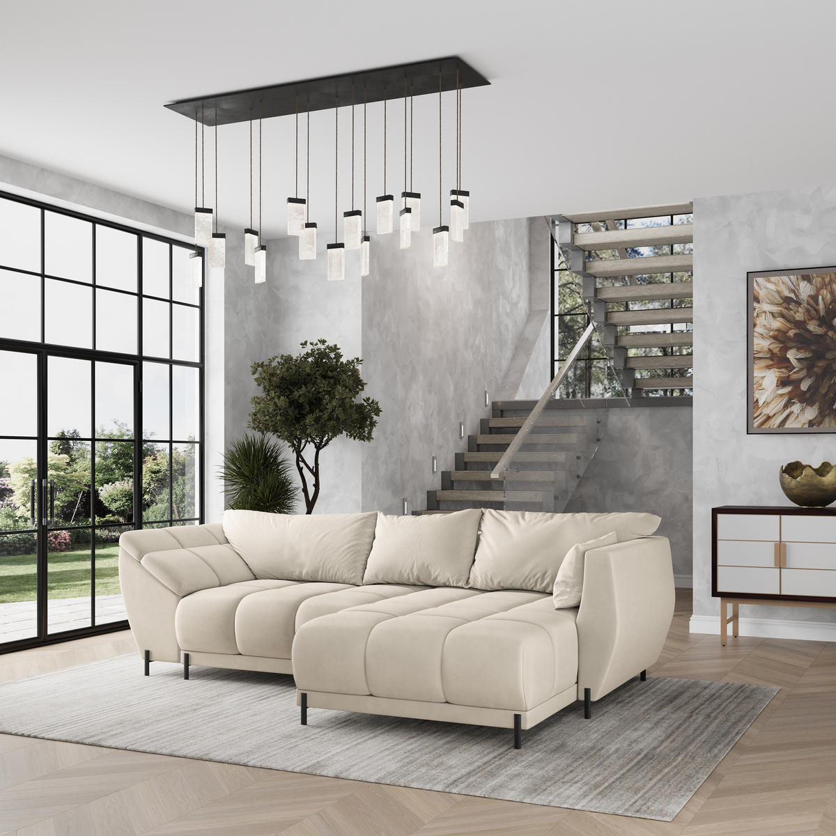 ECKSOFA VESTANO R-S Creme Velours-Stoff mit Schlaffunktion - Creme, Holz (287/182cm) - MASSENO
