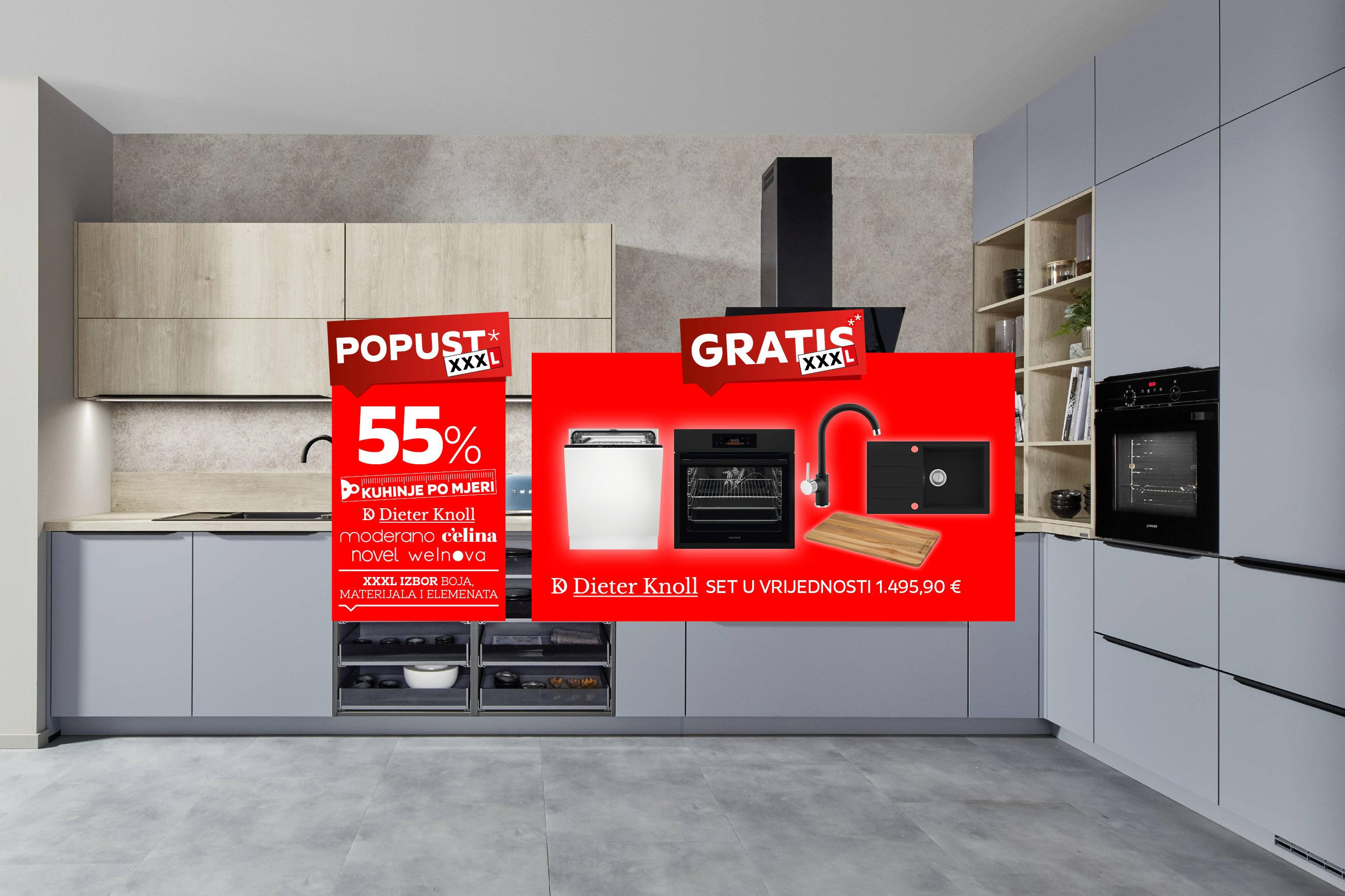 POPUST* 55% kuhinje po mjeri Dieter Knoll, moderano, c'elina, novel, welnova / XXXL izbor boja, materijala i elemenata GRATIS** Dieter Knoll set u vrijednosti 1.245,90 €