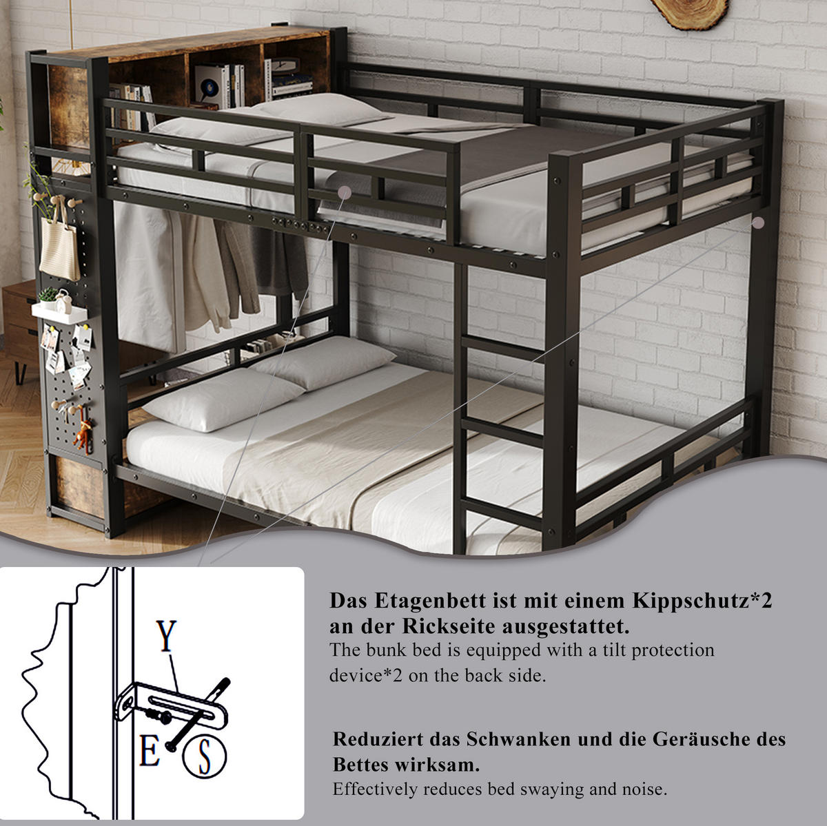 ETAGENBETT aus Metall und Holz 120x200 cm Schwarz/Dunkelbraun mit Stauraum, Kleiderstange, Schublade und Lochwand - Schwarz, Metall (120/200cm) - Modfu