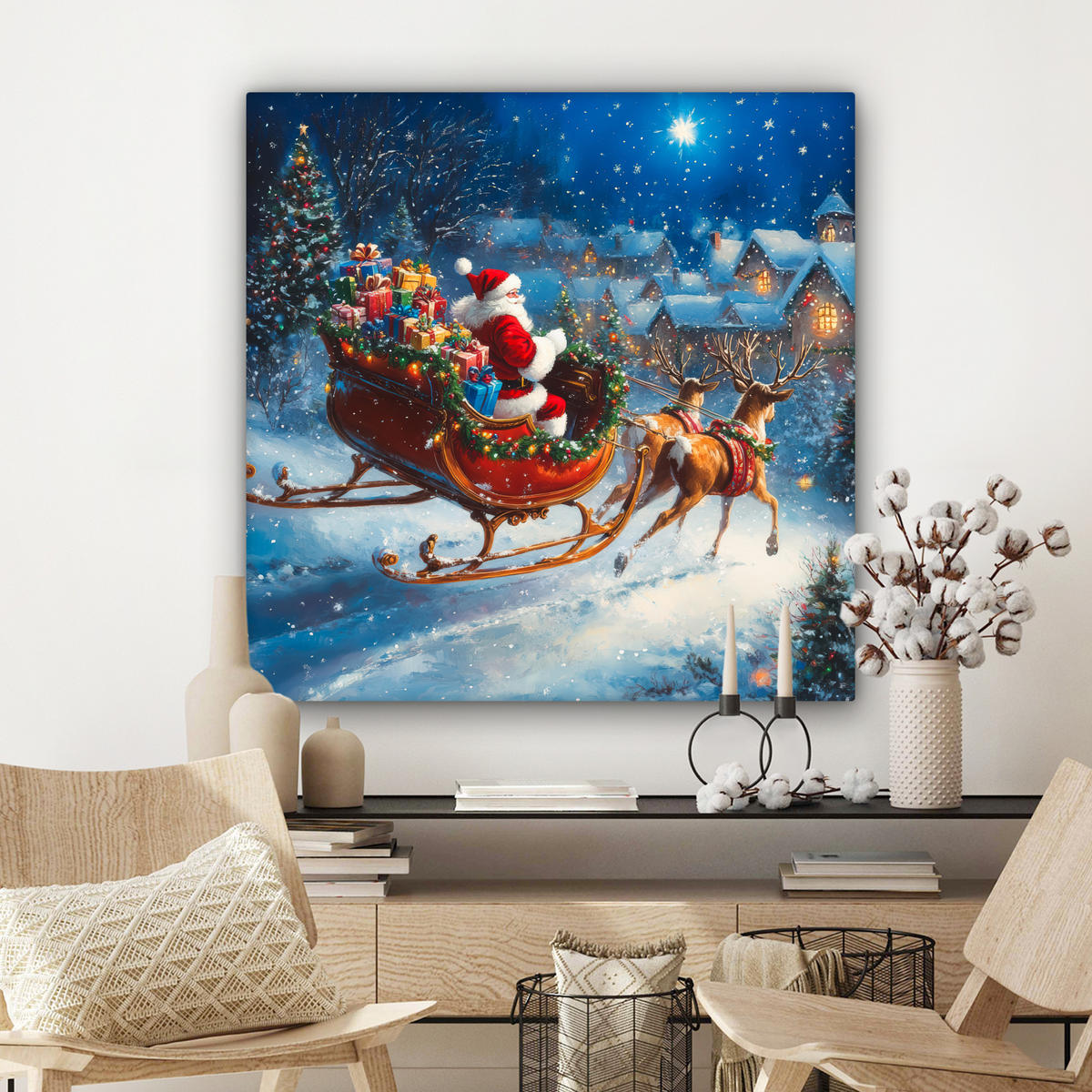 LEINWANDBILD Weihnachtsmann - Rentier - Weihnachten - Schnee Deko Groß 90x90 cm - Cognac, Textil (90/90cm) - MuchoWow