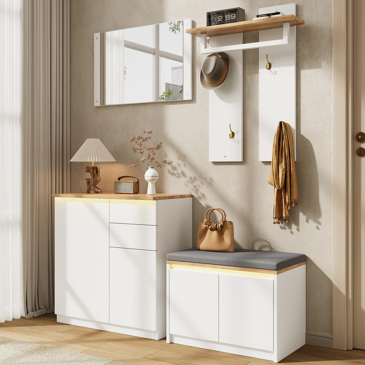 GARDEROBE 130x35x124.5cm mit Spiegel, LED und Schuhbank - Weiß, Holzwerkstoff (130/124.5/35cm) - FLIEKS