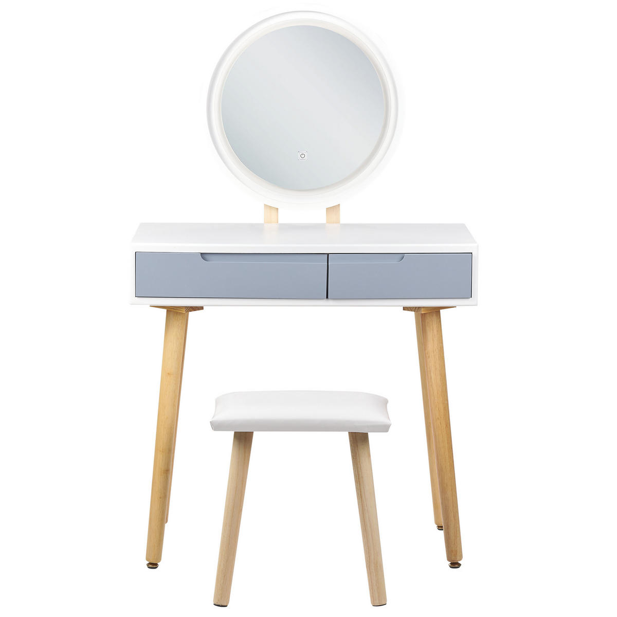 SCHMINKTISCH mit 2 Schubladen, LED-Spiegel und Hocker weiß/grau Josselin - Hellbraun/Weiß, Holzwerkstoff (80/130/40cm) - Beliani