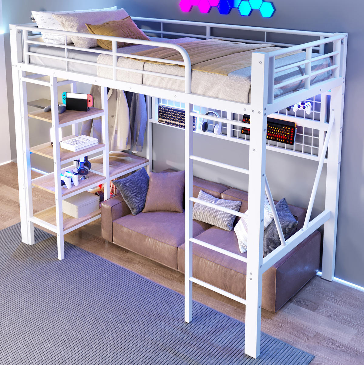 HOCHBETT 90/200 cm Weiß mit Schreibtisch, Stauraumleiter und LED-Beleuchtung - Weiß, Metall (90/200cm) - Flora Grace
