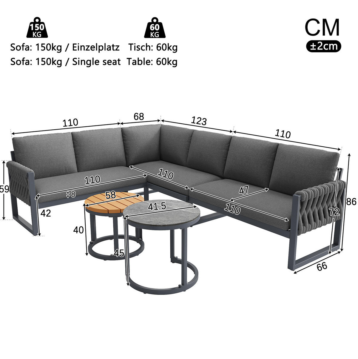 GARTENLOUNGE 123/68/86 cm mit modularer Kombination, verstellbaren Tischbeinen und waschbaren Kissen, Beige - Beige, Metall - Redom