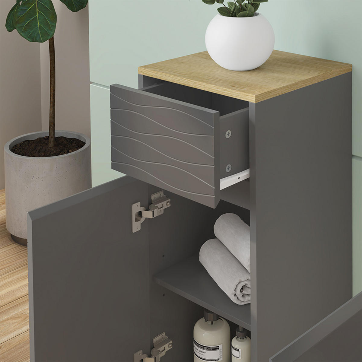 MIDISCHRANK Livia Anthrazit 30 x 80 cm mit Schublade - Anthrazit/Naturfarben, Holzwerkstoff (30/80/30cm) - Vicco