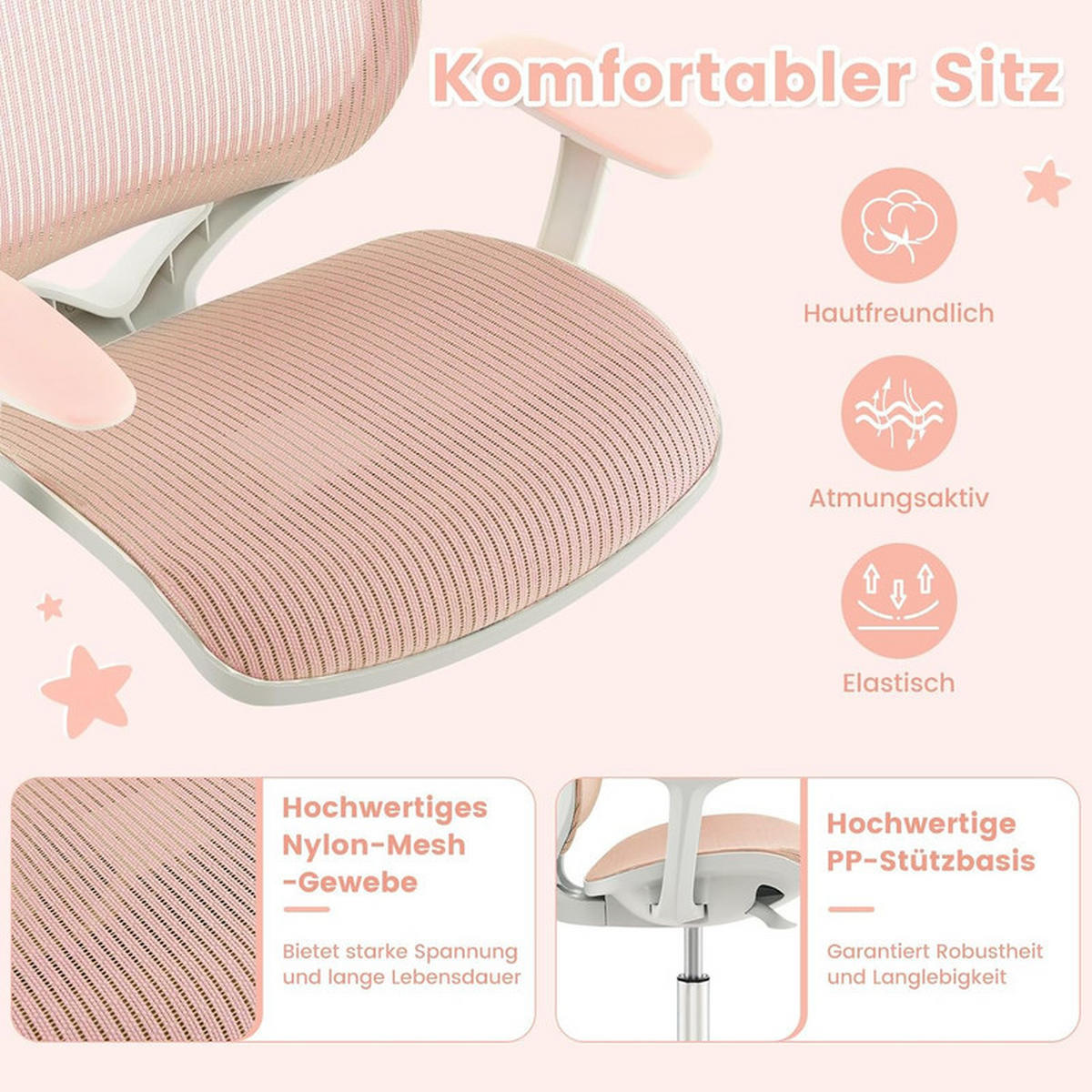 KINDER‑BÜROSTUHL höhenverstellbar rosa - Pink, Kunststoff (57/80/57cm) - COSTWAY