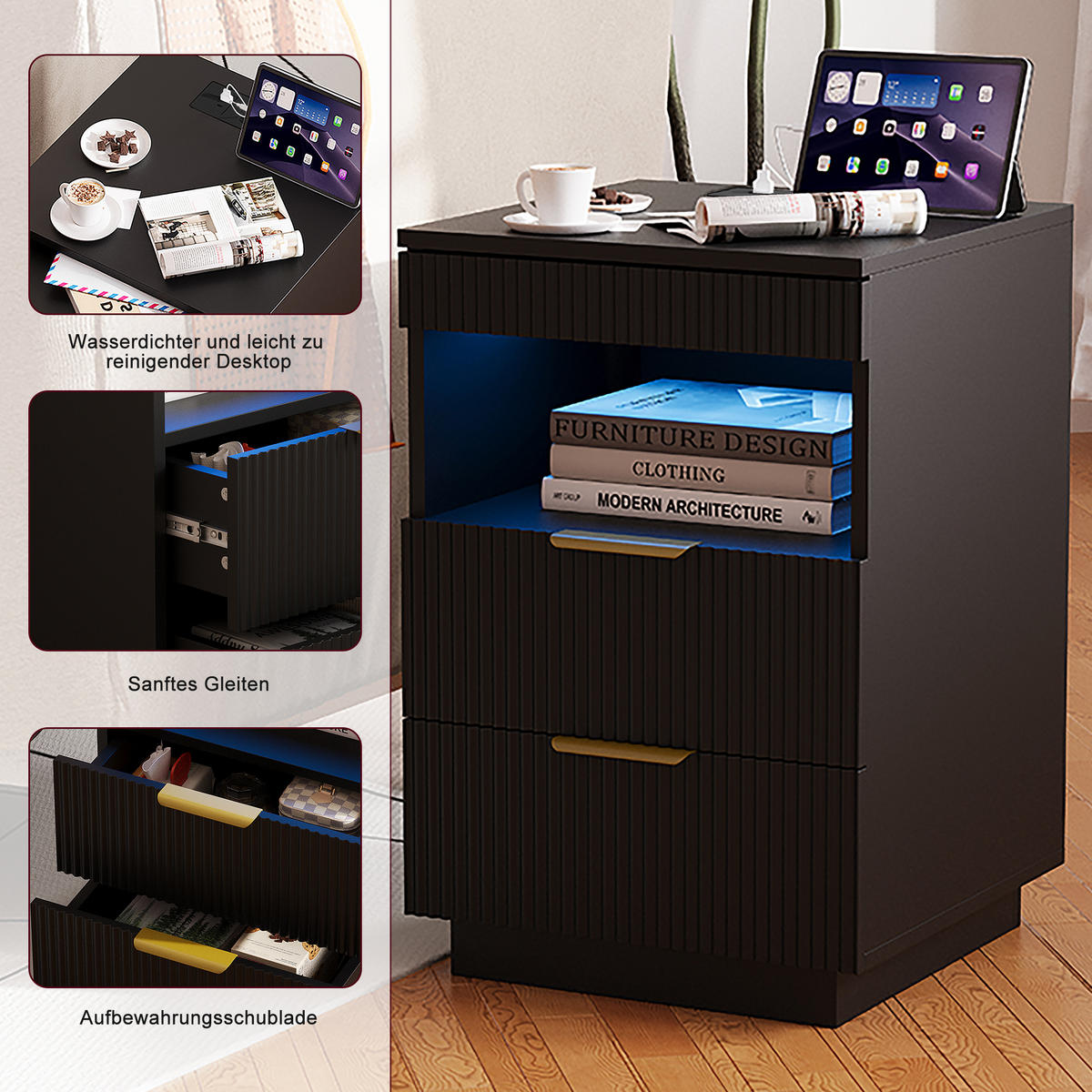 NACHTSHRANK Schwarz mit LED-Beleuchtung, Steckdose, USB & Type-C, Nachttisch mit 2 Schubladen, 40/40/60 cm - Goldfarben/Schwarz, Holz/Metall (40/60/40cm) - BPKADHY