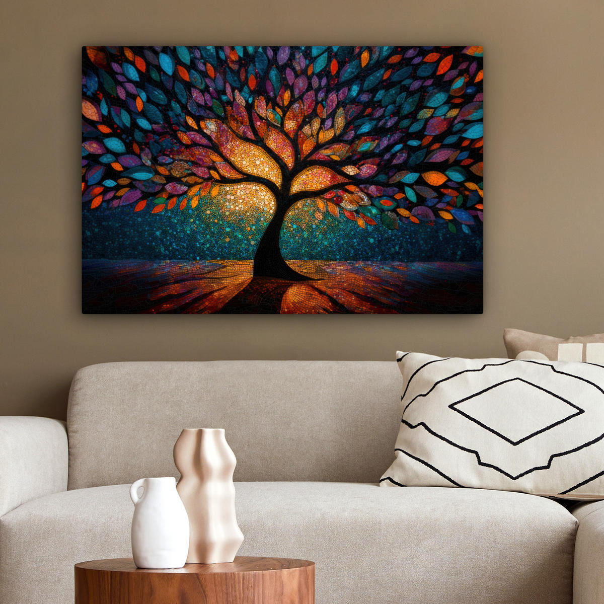 LEINWANDBILD Mosaik - Bunt - Baum - Äste Wanddeko 90x60 cm - Multicolor, Textil (90/60cm) - MuchoWow