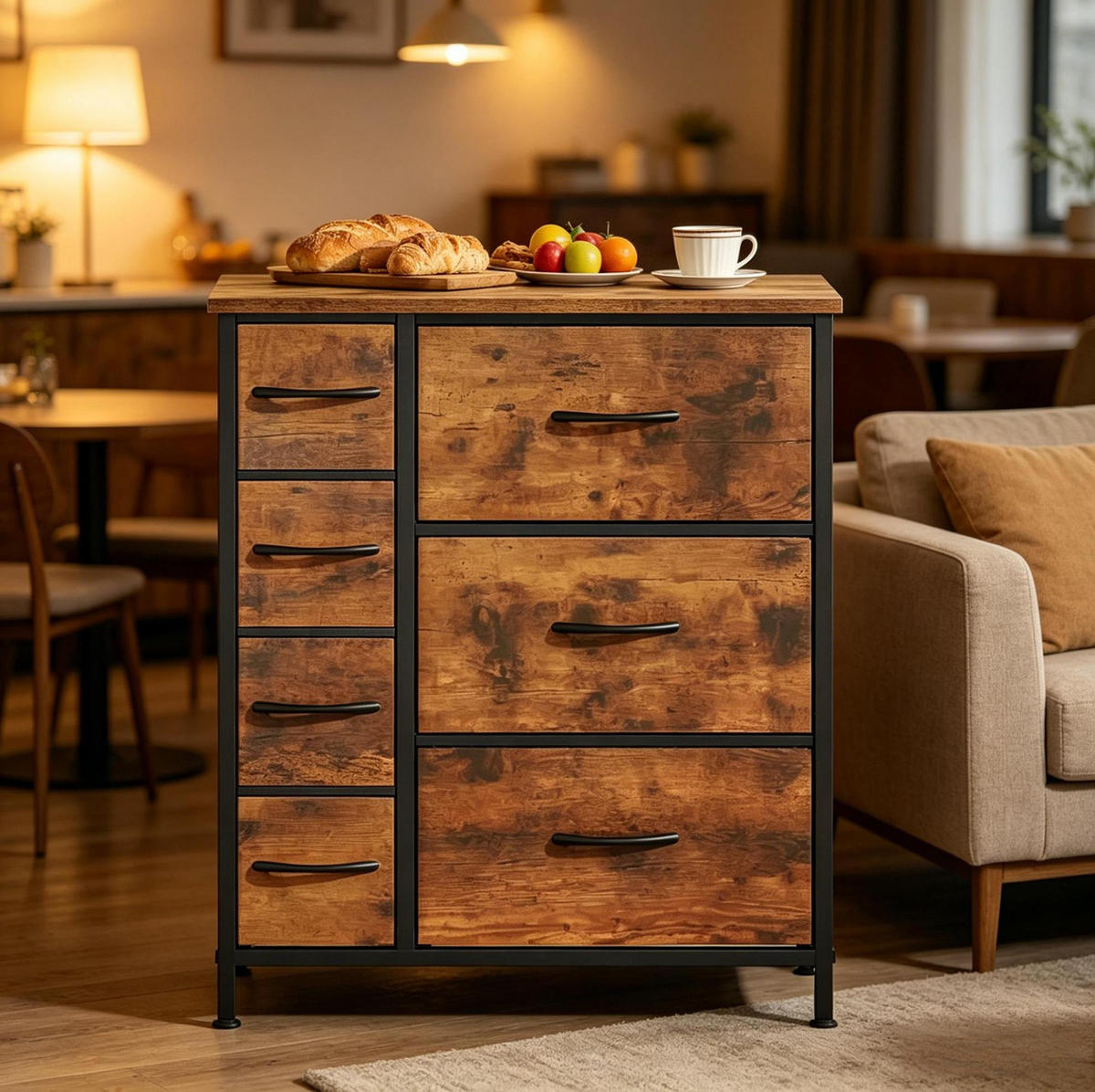 KOMMODE in Rustikalbraun und Schwarz 63,5x30x73 cm mit 7 Stoffschubladen - Braun, Holz (30/73/63.5cm) - IVMEU