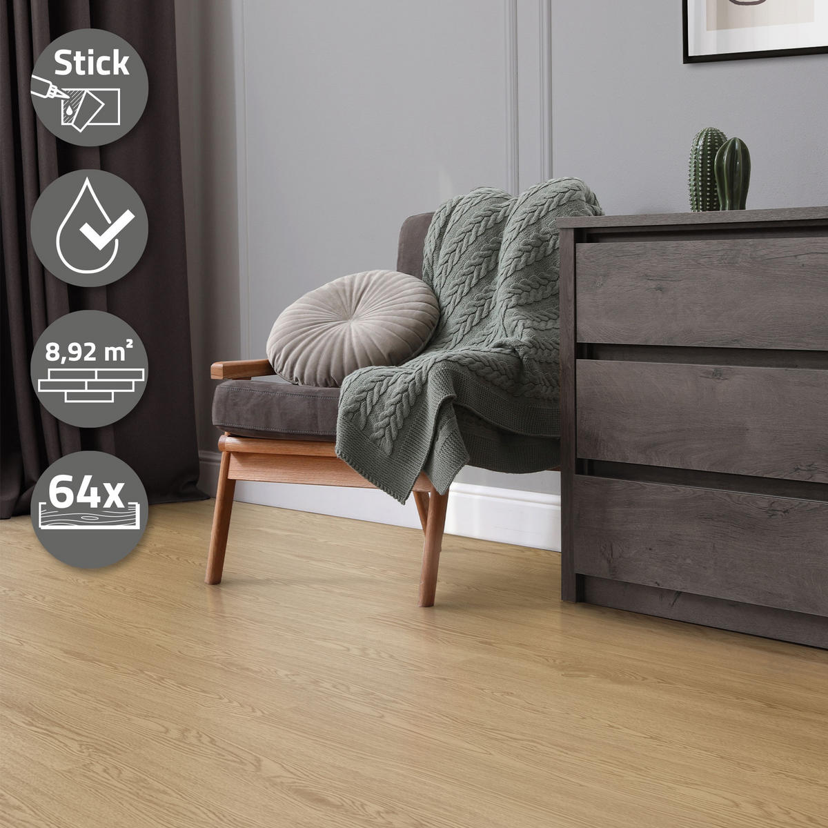 VINYLBODEN selbstklebend 8,92m²/64 Dielen Natur Eiche - Eichefarben, Kunststoff (91.5/15.3/0.2cm) - ML-DESIGN