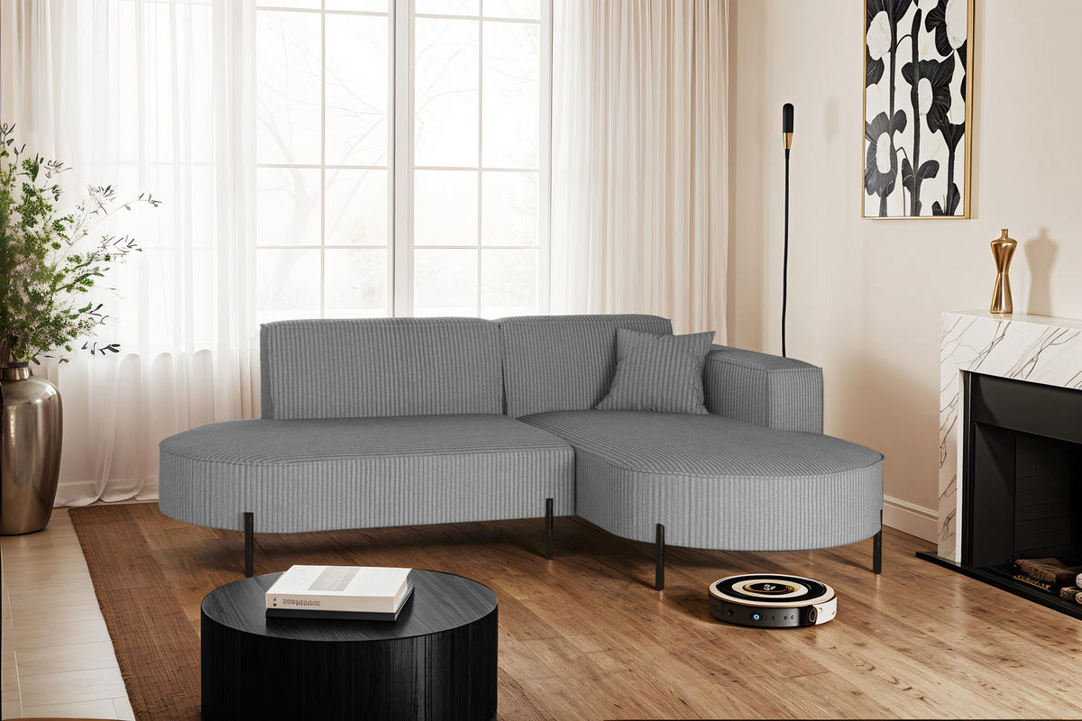 ECKSOFA L-Form Designer Modena Rein stoff Cord Silber Rechts - Silberfarben, Holzwerkstoff (236/165cm) - Kaiser Möbel