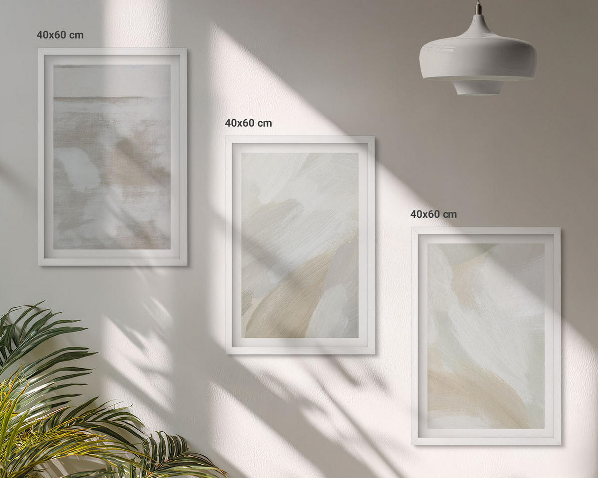 WANDBILDER 3er-Set - 40x60 cm Weißer Rahmen - Abstrakte Pinselstriche - Weiß, Kunststoff (40/60cm) - ArtPrintCave