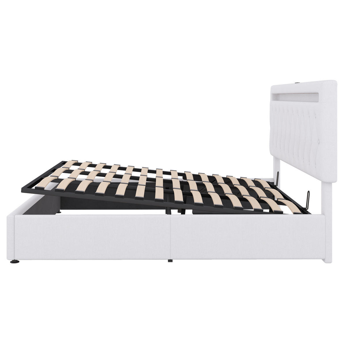 ČALÚNENÁ posteľ 180/200 cm biela s úložným priestorom LED osvetlením a USB z ľanu a MDF - biela, textil (180/200cm) - OKWISH