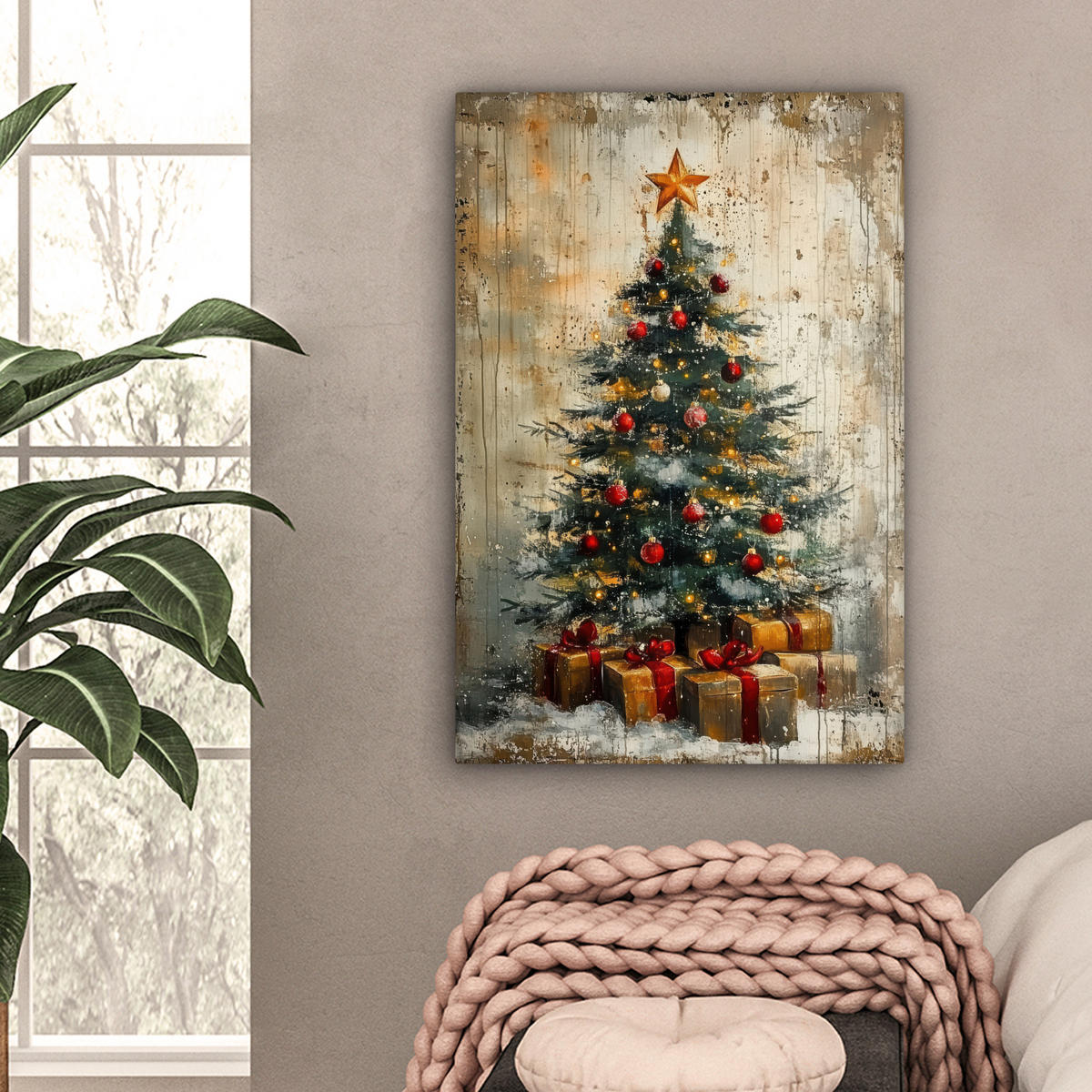 LEINWANDBILD Weihnachtsbaum - Vintage - Weihnachten - Geschenk Wanddeko Schlafzimmer 60x90 cm - Rostfarben, Textil (60/90cm) - MuchoWow