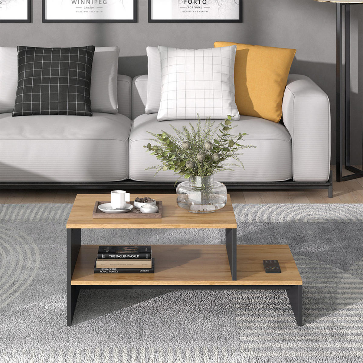 COUCHTISCH Amely Goldkraft Eiche/Anthrazit 90 x 55 cm mit Regal - Honigeiche/Anthrazit, Holzwerkstoff (55/90/40cm) - Vicco