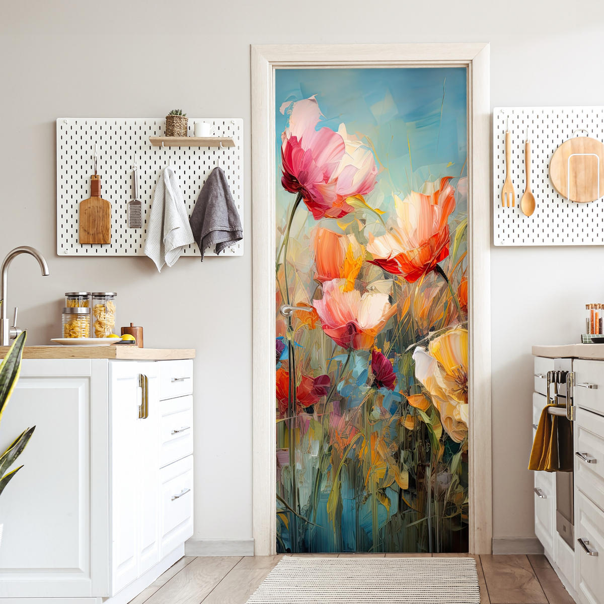 TÜRAUFKLEBER Selbstklebend - Blumen - Aquarell - Kunst - Botanisch - Natur 95x215 cm - Türtapete - Orange, Kunststoff (95/0.1cm) - MuchoWow