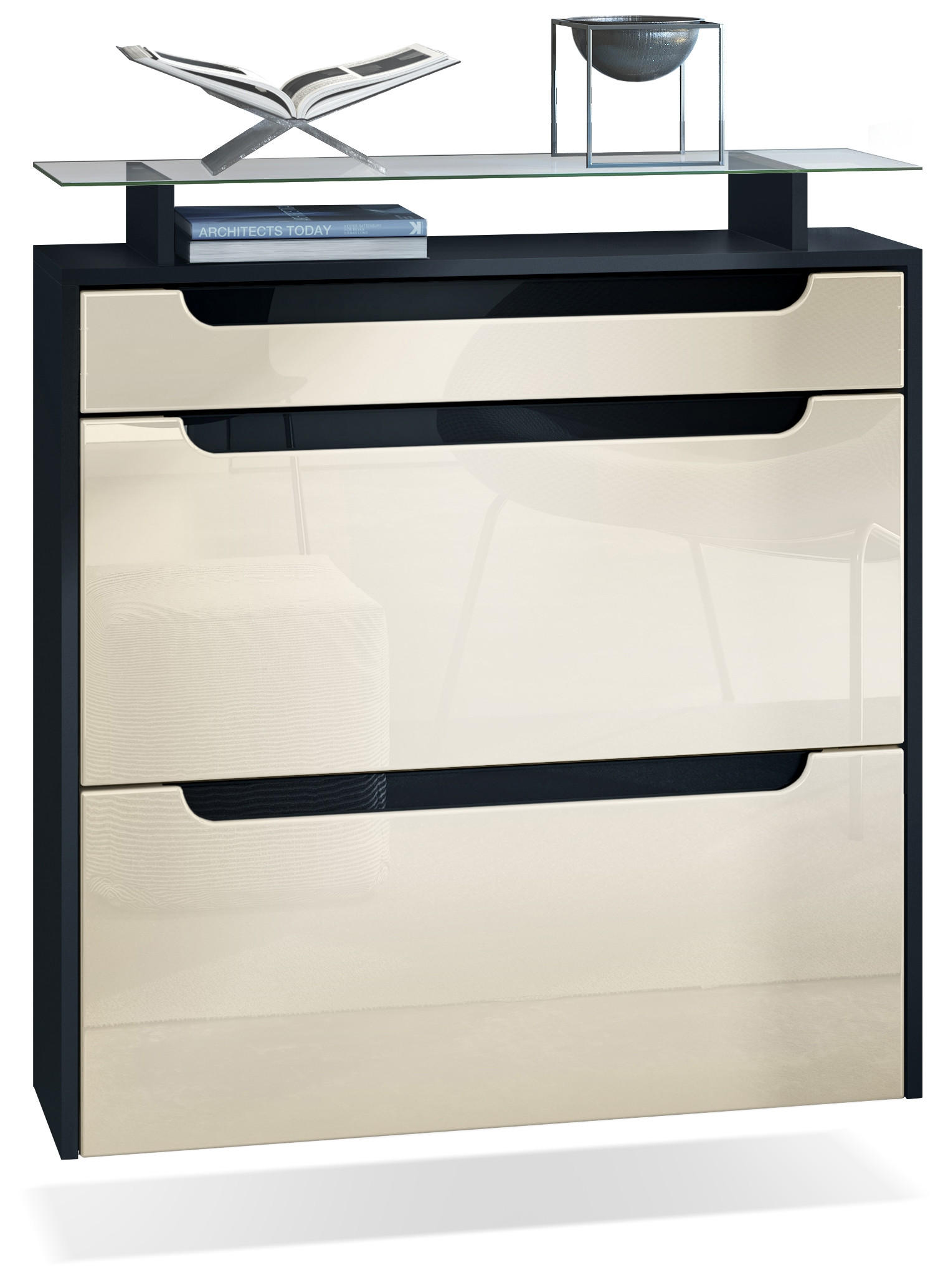 Vladon Schuhschrank Creme, Schwarz Hochglanz 89x96x23 cm