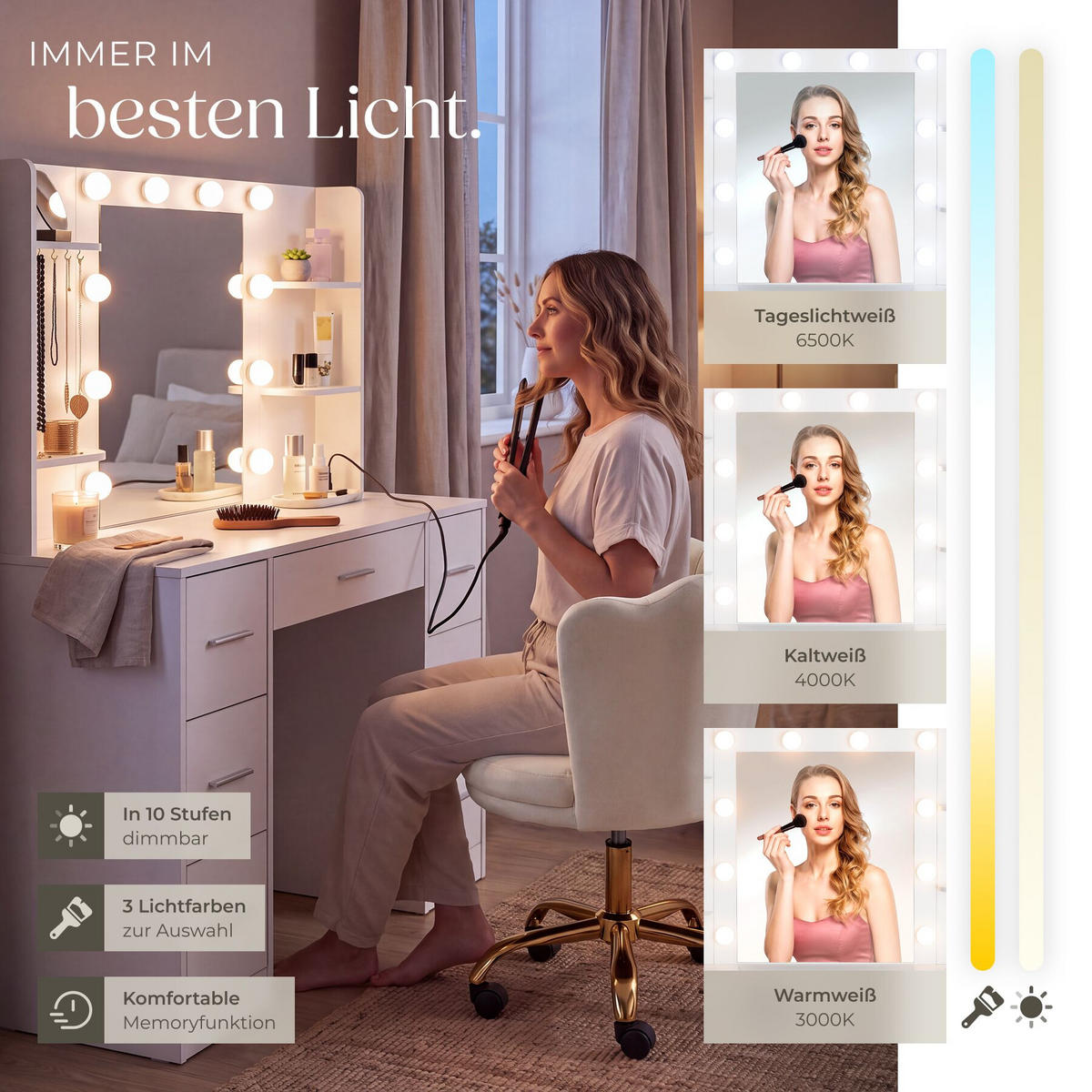 SCHMINKTISCH Charlotte, 107 x 42,5 x 140 cm, weiß - Weiß, Holzwerkstoff (107/140/42.5cm) - tectake