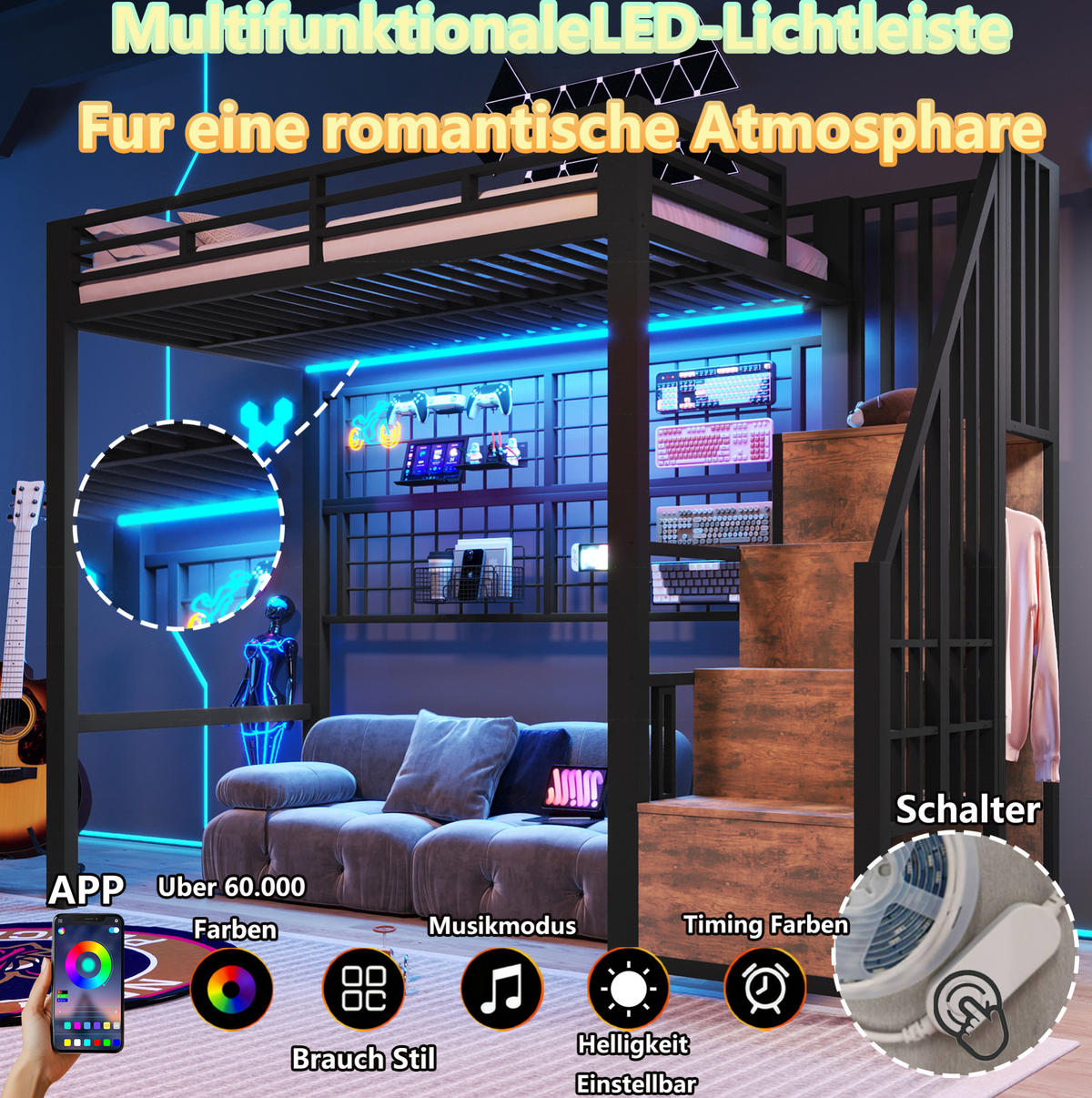 HOCHBETT 90/200 cm mit Stauraumleiter, Kleiderschrank, Hängegitter und 7-Farben-LED, Schwarz - Schwarz, Metall (90/200cm) - Redom