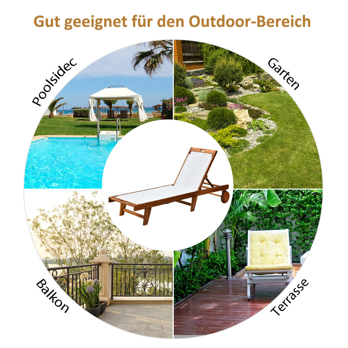 SONNENLIEGE Relaxliege Gartenliege verstellbar Holz Textil Natur+Weiß - Fichtefarben/Weiß, Holz (60/88/198cm) - Outsunny