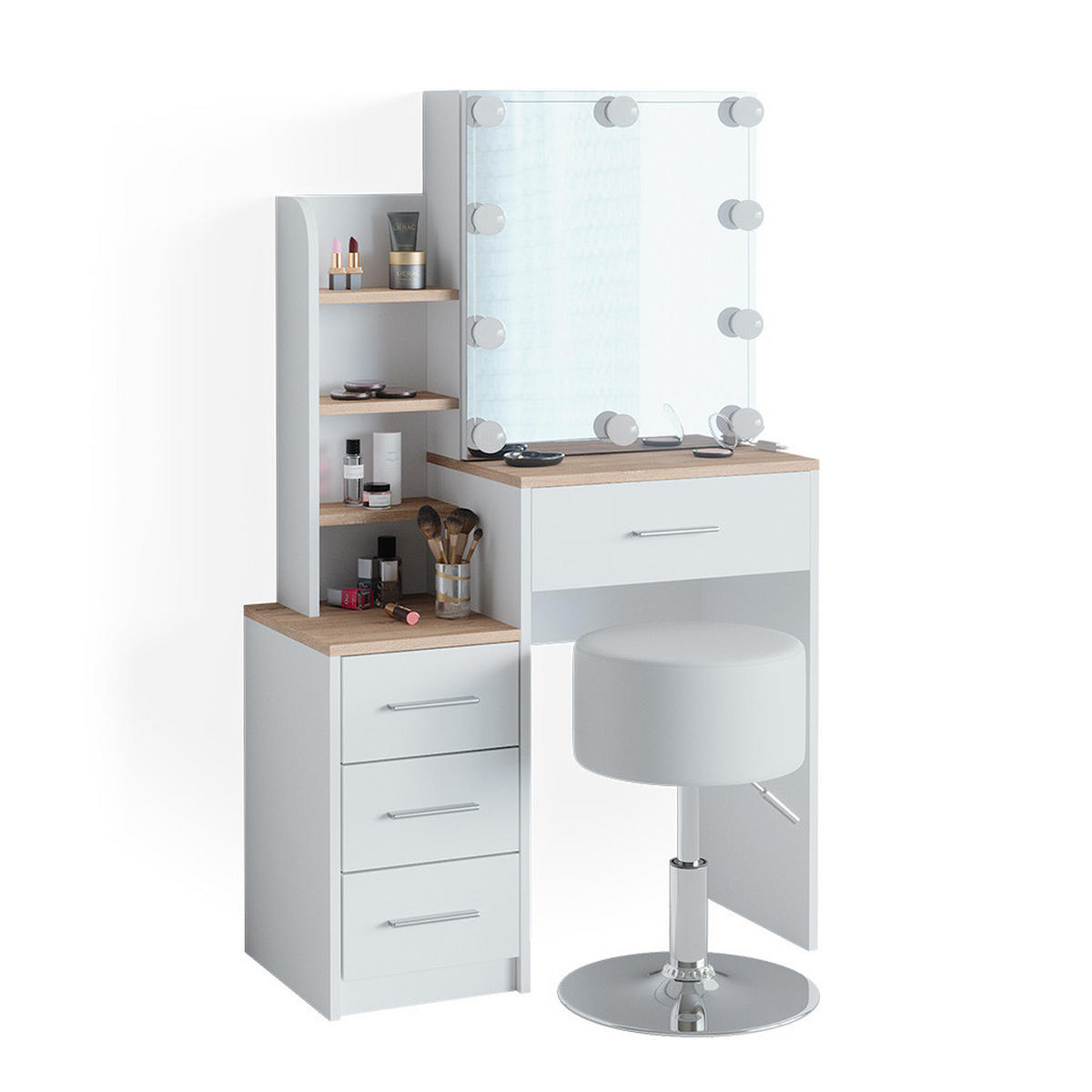 SCHMINKTISCH Conrada Weiß/Sonoma 80 cm mit LED Beleuchtung und Hocker - Weiß/Sonoma Eiche, Holzwerkstoff (36/131.6/80cm) - Vicco