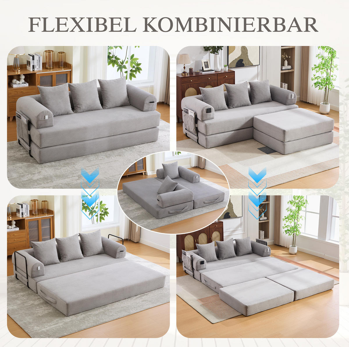 ECKSOFA aus Cord 200x190x67 cm Hellgrau frei kombinierbar mit Hocker, 3 Kissen und Seitentasche - Hellgrau, Textil (200/190cm) - Modfu